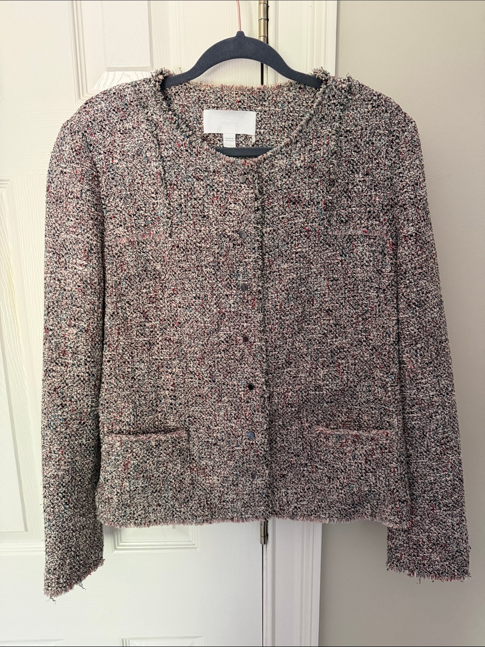 Hugo Boss Multicolor Tweed Snap Front Blazer - Black, Red, Cream